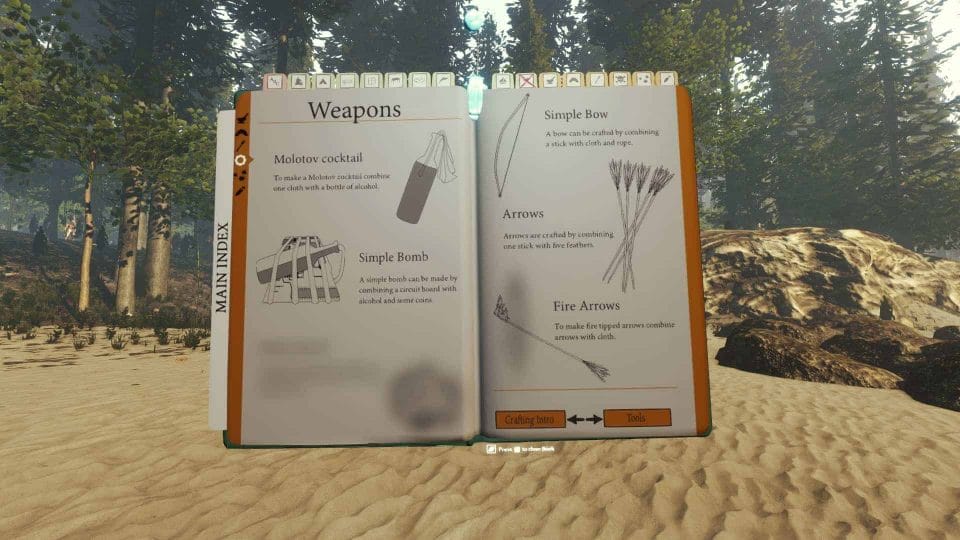 Auch das Survivalbuch hat mit V 0.08 ein Update erfahren. Durch das neue Waffenupgradesystem bekommen wir ein paar Ideen vorgestellt, unsere Waffen deutlich zu verbessern.